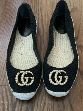 Gucci Black Crochet Pearl-Embellished GG Espadrille Flats